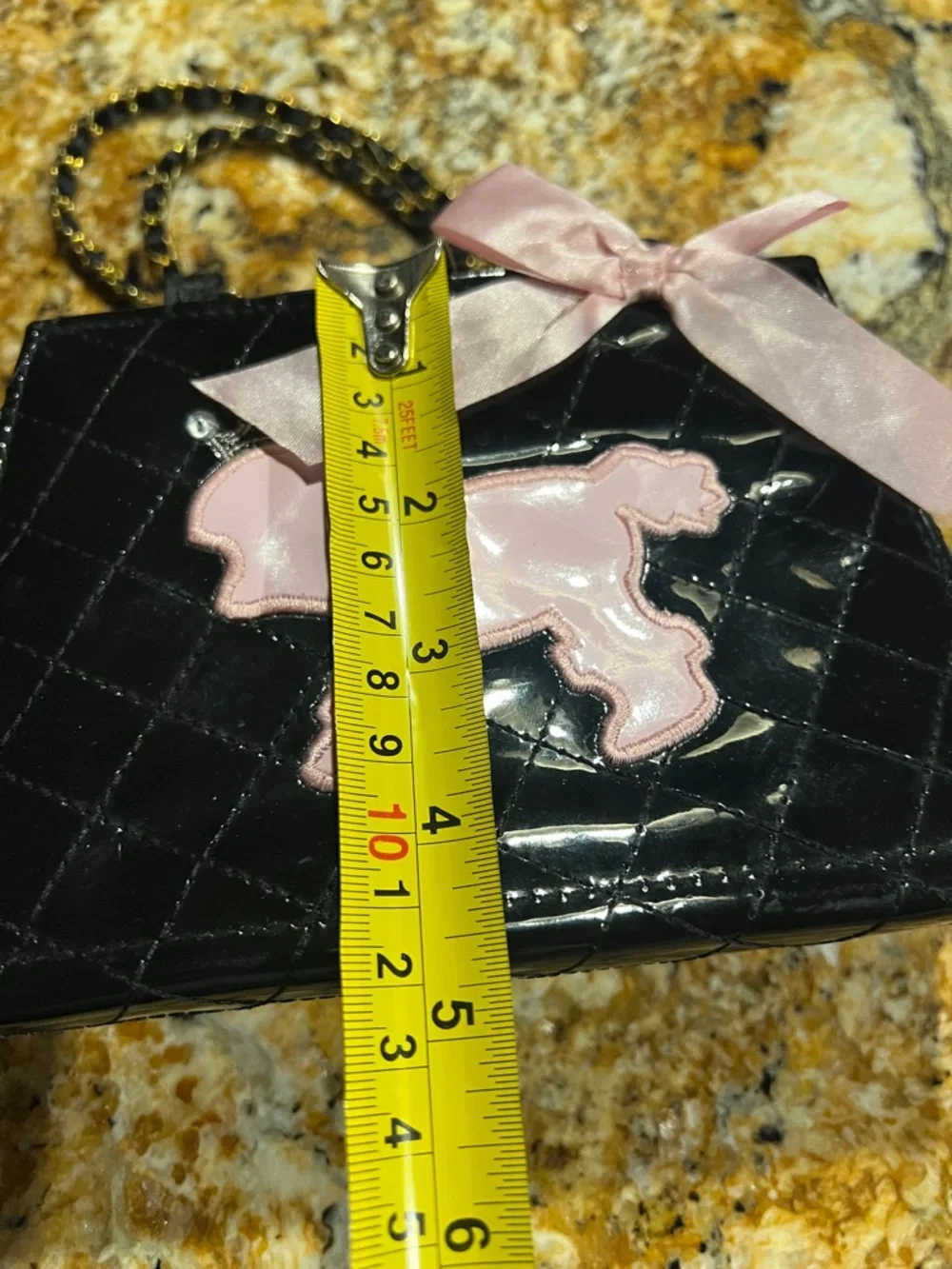 Small bag Patent Black with Pink Poodle Patch and Bow